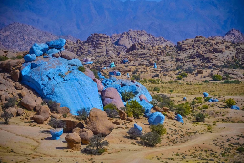 Painted blue rocks in Tafraout, Morocco — a unique and surreal filming location nestled in the Anti-Atlas Mountains.