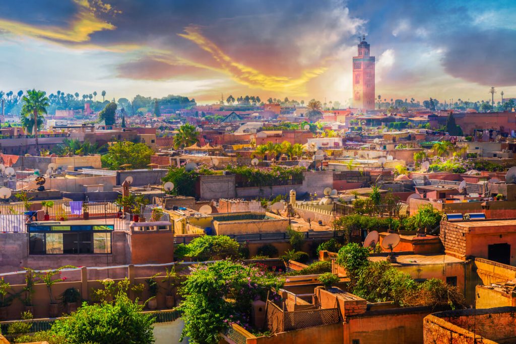 View of the old medina of Marrakech with the iconic Koutoubia Mosque — a prime filming location in Morocco blending history, culture, and visual richness