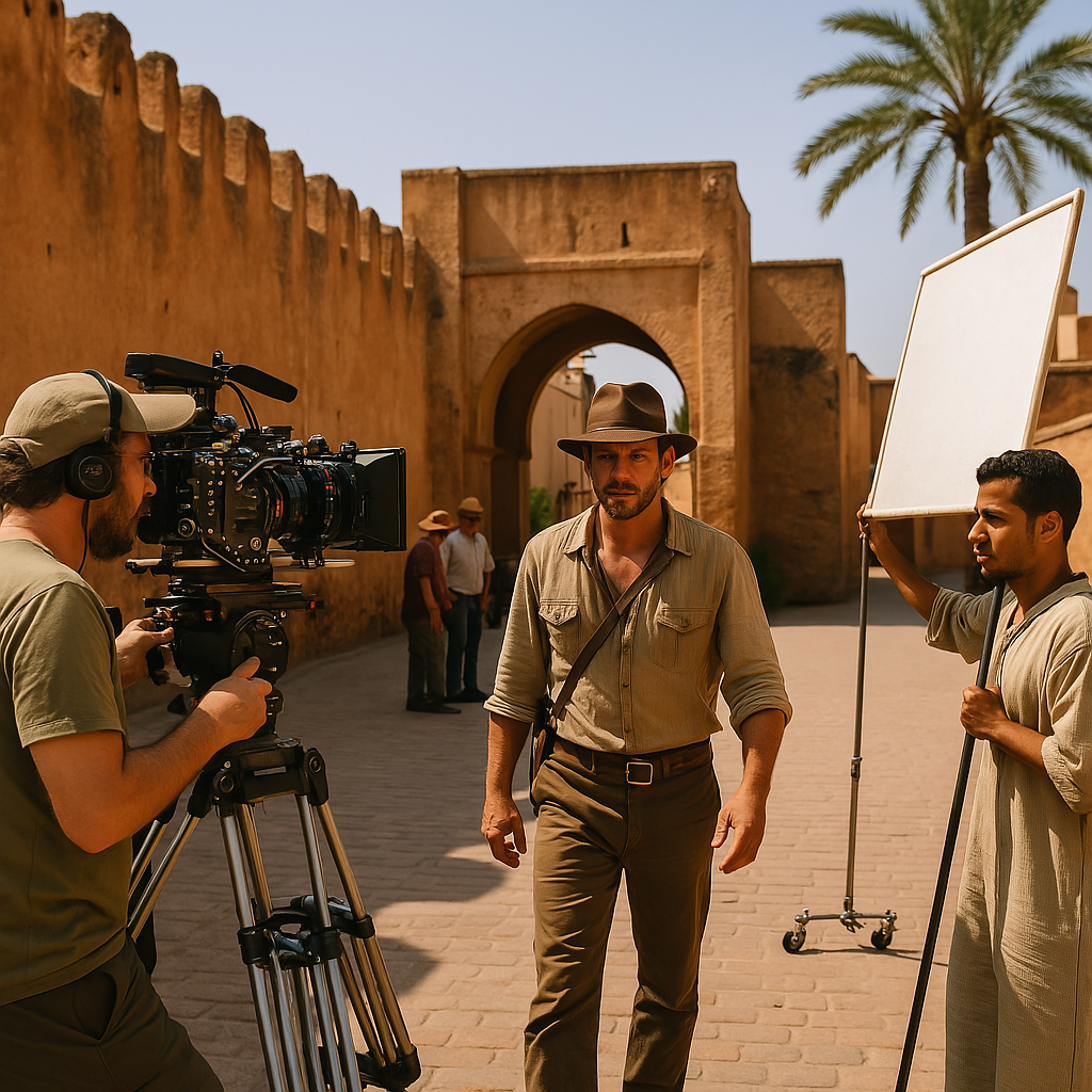 Film crew shooting a cinematic scene in Marrakech, Morocco with a film fixer guiding the production process.